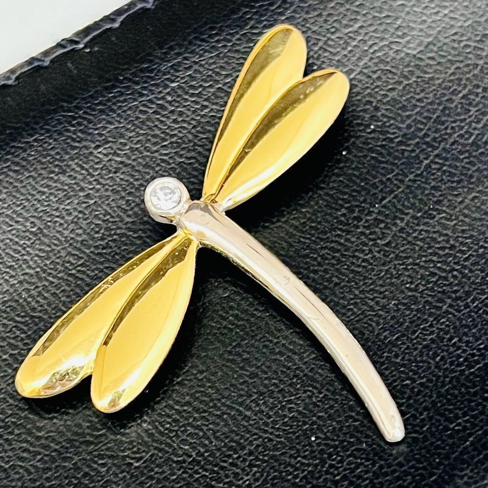 AAI Signed Crystal Rhinestone Dragonfly Brooch Scarf Pin Gold Silver 1488